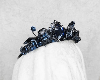 Dead Flower Small Tiara - Iridescent Dark Blue Spooky headpiece with Navy Blue Gemstones