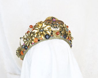 Honeybee Eleganza Crown - Ornate Antique Gold base with Beads and Rhinestones - by Loschy Designs - MADE TO ORDER, ships after 7 days