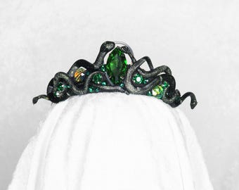 Medusa Iridescent Small Tiara with Green Gemstones - 3D printed snakes - MADE TO ORDER