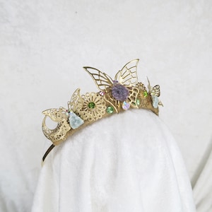 Flutter Tiara - Gold Butterflies with Raw Amethyst and Aventurine and crystal rhinestones  - by Loschy Designs