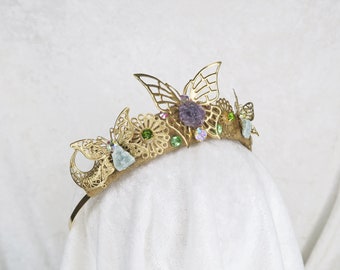 Flutter Tiara - Gold Butterflies with Raw Amethyst and Aventurine and crystal rhinestones  - by Loschy Designs