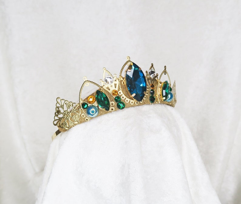 Queen Anna Small Tiara Gold with Turquoise and Green Gemstones by Loschy Designs MADE TO ORDER, ready in 7 days image 1