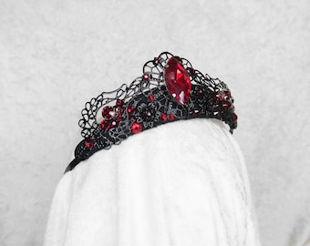 Vampire Ball Black Small Tiara with Ruby Red Gemstones - Loschy Designs