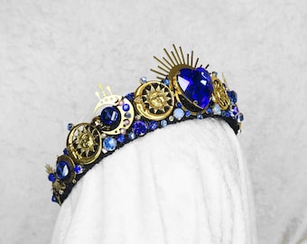 Whimsigoth Celestial Rhinestone Crown – Blue Gemstones, Brass – Made to Order