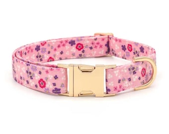 Personalized Floral Dog Collar, Soft Pink Cotton with Gold Buckle
