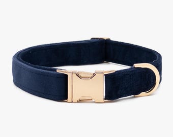 Personalized Navy Velvet Dog Collar, Gold Buckle, Bow Tie Option
