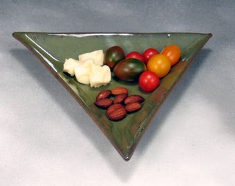 Green 8 Inch Triangle Ceramic Plate or Tray Hand Built Pottery Serving Dish or Tapas Dish Sushi Dish Salad Plate