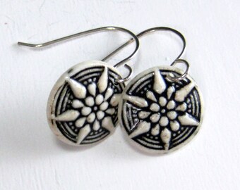 Ceramic Earring Black and White Porcelain Starburst Earrings With Sterling Silver Earwires