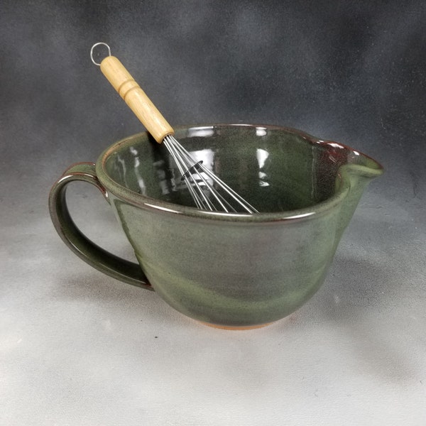 Green Medium Ceramic Batter Bowl With Whisk Wheel Thrown Stoneware Pottery Mixing Bowl