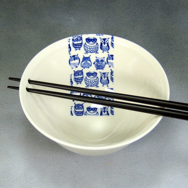 Blue Owl and White Chopstick Noodle Bowl, Rice Bowl, Soup Bowl, Pho Bowl, Stir Fry Bowl Wheel Thrown Translucent Porcelain Pottery 57