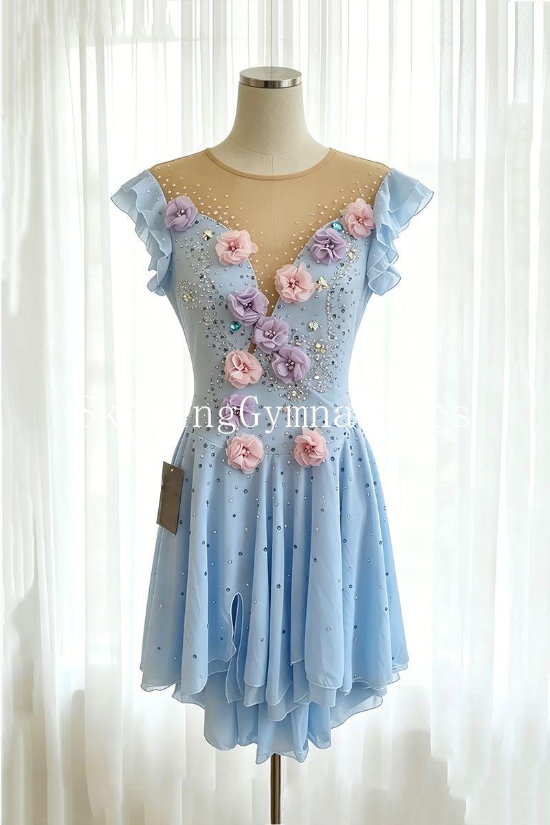 Handmade Blue Figure Skating Dress Girls Women Dancewear Competition Quality Rhinestones