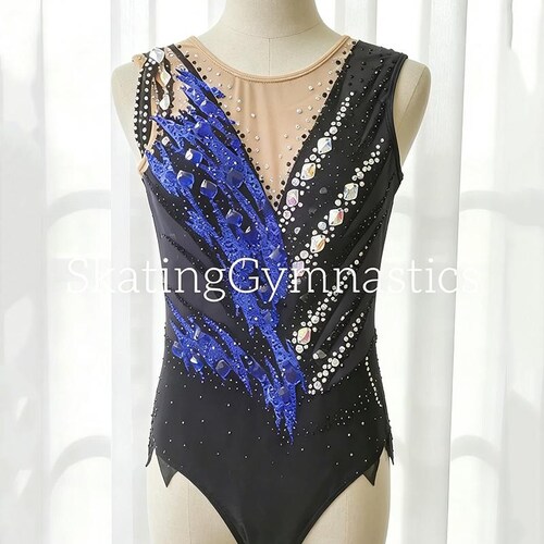 Customized Rhythmic Gymnastics Leotards Girls Women Strechy Mesh Black Blue Competition Stage Profession Dancewear