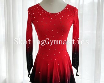 Handmade Red-Black Ice Skating Competition Dress, Sparkly Rhinestone Figure Skating Outfit, Gradient Long Sleeve Skating Costume for Adults