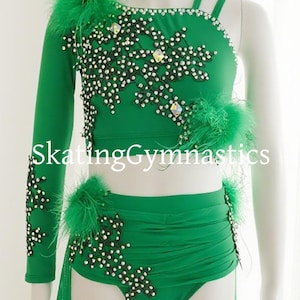 Handmade Lyrical Dance Costume Girls Women Green Strechy Mesh Competition Stage Wear