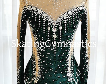 Handmade Green Velvet Gymnastics Leotard: Rhinestone Dancewear