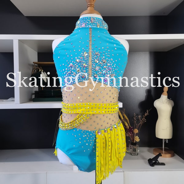 Customize Rhythmic Gymnastics Leotards Girls Artistics Professional  Competition Stage Blue-Yellow Stretchy Quality Crystals