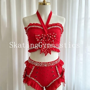 Red Rhinestone Lyrical Jazz Dance Costume Set | Custom Performance Crop Top Skirt