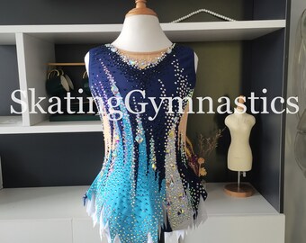 Handmade Rhythmic Gymnastics Leotards Girls Women Strechy Mesh Competition Stage Dancewear for Competition Blue