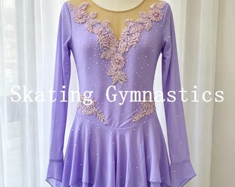 Handmade Light Purple Figure Skating Dress Girls Women Dancewear Competition Quality Rhinestones