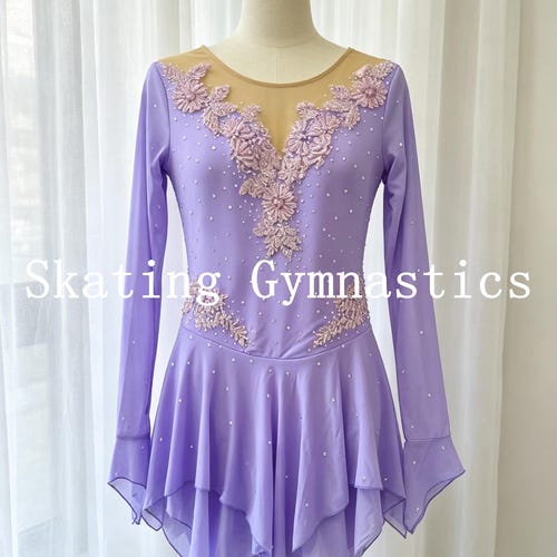 light purple figure skating dress Handmade Light Purple Figure Skating Dress Girls Women Dancewear Competition Quality Rhinestones
