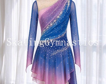 May include: A long-sleeved skating dress featuring a gradient of blue and purple mesh fabric. The bodice has a diagonal design with scattered clear crystals and a sheer nude neckline. The skirt is layered with an asymmetrical hemline.