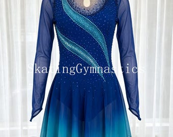 Custom Blue Gradient Figure Skating Dress with Rhinestone Accents, Long Sleeve Ice Skating