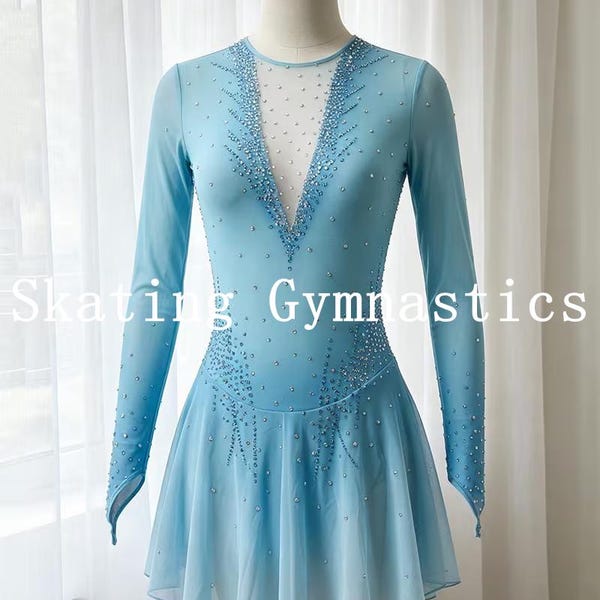 Emerald & Gradient Blue Ice Skating Dress: Custom Handmade Competition Gown