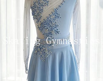 Custom Blue Figure Skating Dress, Rhinestone Sparkle Ice Skating Costume, Competition Performance