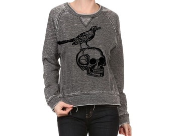 Skull and Raven Shirt, Distressed Clothing, Death Head Moth, Oversized sweatshirts, Dark Academia, Punk Apparel Edgar Allen Poe gothic print