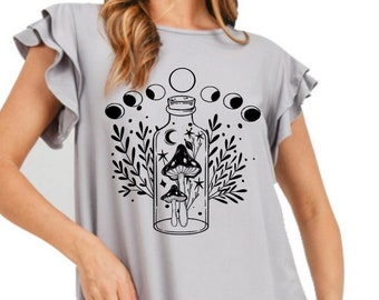 Womens Mushroom Magic dolman moon phase plant shirt, Ruffled flutter cottagecore Faecore gray shirts, Witchy nature vintage tops goblincore