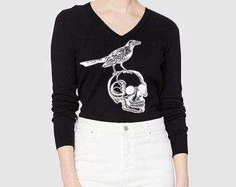 Skull and Raven sweater Black V-neck Edgar Allen Poe shirts Dark cottagecore Faecore shirt Casual alternative clothing office apparel Gothic