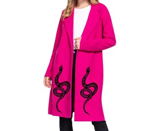 Boho Snake Grafik Jacke | Pink Pea Mantel für Frauen | Rosa Abendmäntel| Langer Gothic Mantel | Damen Boho Punk Kleidung | Flora und Fauna