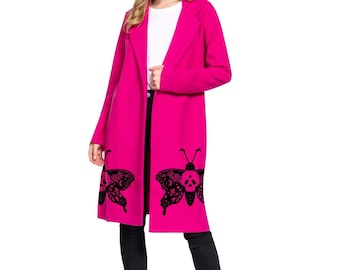 Deaths Head Moth Coat | Notch Collar Pea coat | Long Sleeve Lightweight Jacket with Moth Print| Pink Trench Coat | Womens Goth Punk Clothing