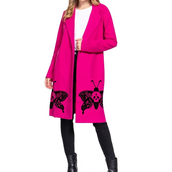 Deaths Head Moth Coat | Notch Collar Pea coat | Long Sleeve Lightweight Jacket with Moth Print| Pink Trench Coat | Womens Goth Punk Clothing