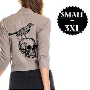 Skull and Raven Cardigan Bolero Sweater Womens Edgar Allen Poe Halloween Shirt Gothic Plus Size Clothing Print Cropped Cardigans Sweaters image 1