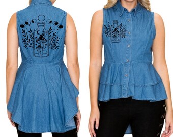 Denim Mushroom Shirt, Cottagecore Moon Phase Top, Bustle Rockabilly Shirts, Dark Academia, Boho peasants blouse pagan occult forest clothing