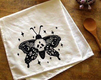 Deaths head moth Kitchen Towel Goth decor Tea towels witchy print rockabilly goblincore housewarming reusable gifts Faecore housewares boho