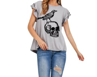 Womens Skull and Raven dolman Edgar Allen Poe plant shirt, flutter ruffle goblincore Faecore gray shirts, Dark academia nature vintage tops