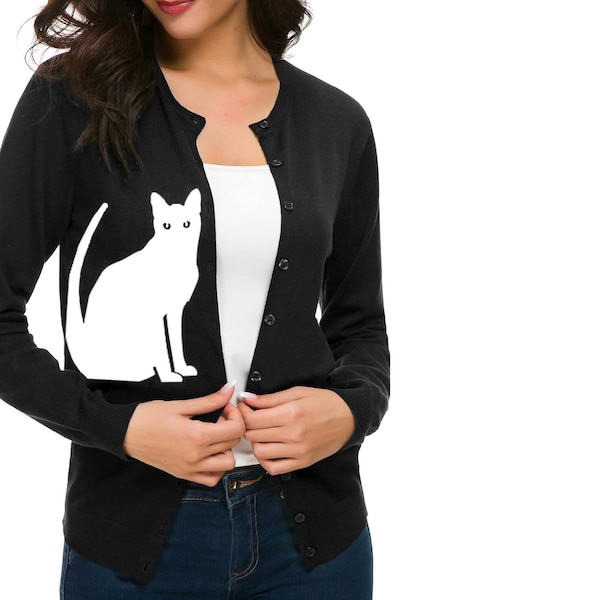 Cat Cardigan Sweater Women's Shirts Trendy Clothing Screen Print Plus Size Cats Sweaters Cute Retro Sweaters Button Up Warm and Cozy V-neck