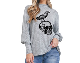 Skull and raven knit shirt puff sleeve Alternative women's Dark cottagecore Edgar Allen Poe shirts Goblincore clothing light academia top