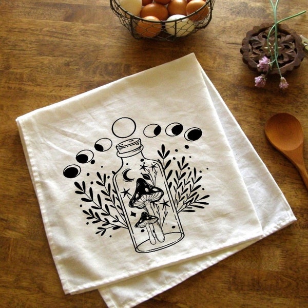 Mushroom Kitchen Towel Cottagecore Tea towels with whimsical witch moon phase prints mushrooms decor housewarming gifts Faecore housewares