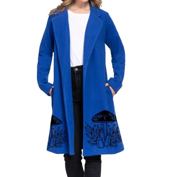 Magic Mushrooms and Crystals Print Coat | Womens Blue Pea coat | Hippie Boho Jackets | Long Overcoat | Cute mushroom cottagecore clothing