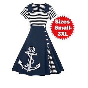 Nautical Anchor Dress Plus Size Clothing Striped Anchors Sailor dresses ladies apparel Screen Print Cute Vintage clothing Pin Up 3XL 4XL