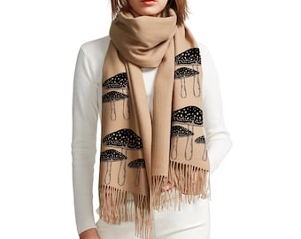 Mushroom Print Pashmina Scarf | Flora and Fauna Print | Bohemian shawl | Beige scarves | Cottagecore gifts for gardeners | Festival wear |