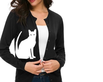 Suéter cárdigan de gato Camisas de mujer Ropa de moda Estampado de pantalla Suéteres de gatos de talla grande Suéteres retro lindos con botones Cálido y acogedor Cuello en V