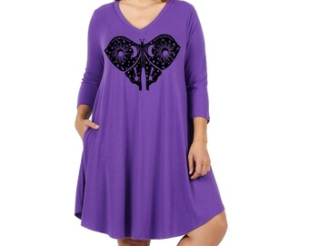 Womens Lunar Moth Dress with pockets Plus Size Boho Dresses Botanical Shirt Women Plus Size Clothing Apparel Celestial print Purple V neck