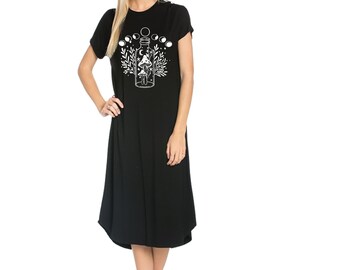 Boho moon mushroom dress Cottagecore botanical Hippie Shirt Women's Clothing witch print Oversized crew neck Maxi Dresses Witch aesthetic