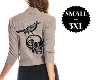 Skull and Raven Cardigan Bolero Sweater Womens Edgar Allen Poe Halloween Shirt Gothic Plus Size Clothing Print Cropped Cardigans Sweaters