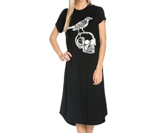 Womens Skull Dress Gothic Skulls Shirt Women's Plus Size Goth Clothing Edgar Allen Poe Raven print Oversized Maxi Dresses Witch aesthetic