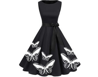 Womens Black Butterfly Goth Dress Retro Pin Up Boho Dresses Women's Hippy nature print plus size clothing bridesmaids A-line Fit and Flare